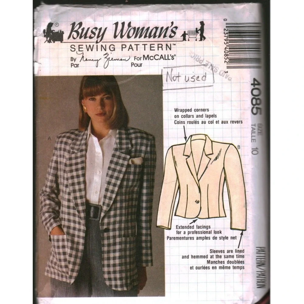McCalls 4085 Nancy Zieman Busy Womans Blazer Sewing Pattern Size 10 Vintage 1989